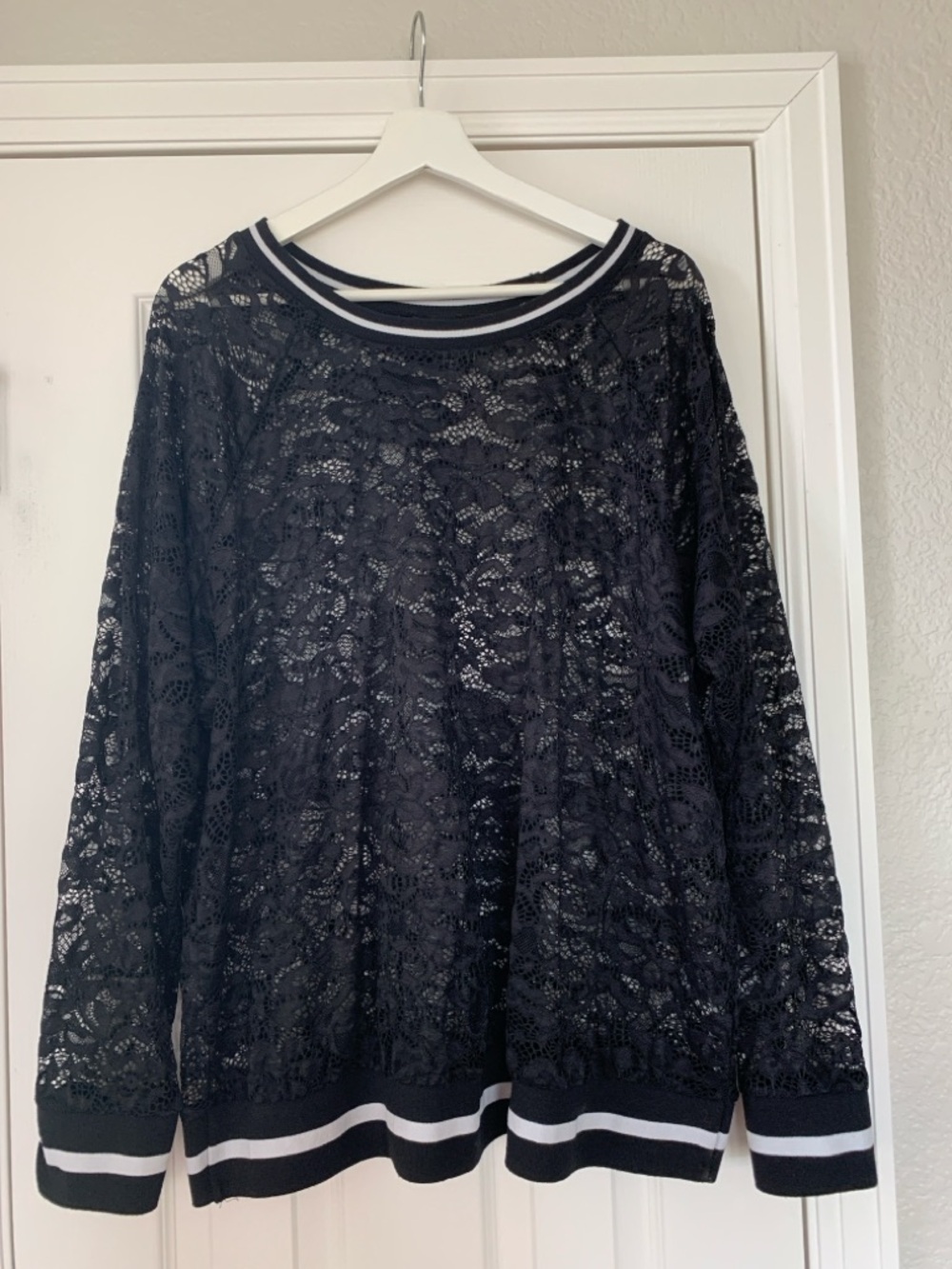 torrid Black Lace Top with White Stripe Trim